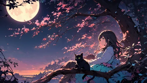 Romantic and sweet style，night，Backlight，A girl sitting on a branch，Holding a black cat，There is a full moon behind，Fresh colors...