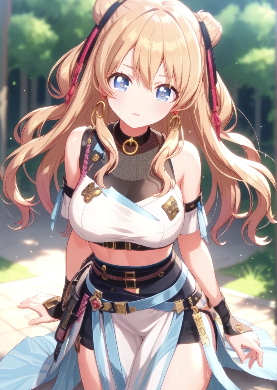 1girl, solo, asagao, long hair, breasts, bangs, blonde hair, large breasts, hair between eyes, bare shoulders, twintails, 