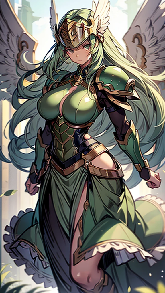 女の子1人, 非常に大きな髪, 翼のあるヘルメット, ミントグリーン色の髪, 巨乳, 強い, しっかりした体, 太ももが太い, 筋肉質の腕, Green ヴァルキリー's armor, ソフトウェア, セクシー, 全身, 傑作, 非常に詳細な, ロングスカート, 緑の鎧, ヴァルキリー