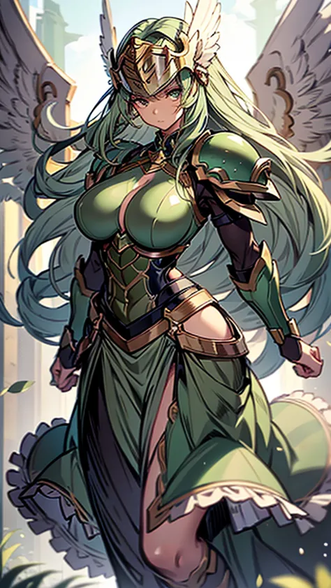 1 girl, extremy large hair, winged helmet, mint-green colored hair, busty, strong, firm body, thick thighs, muscular arms, Green...