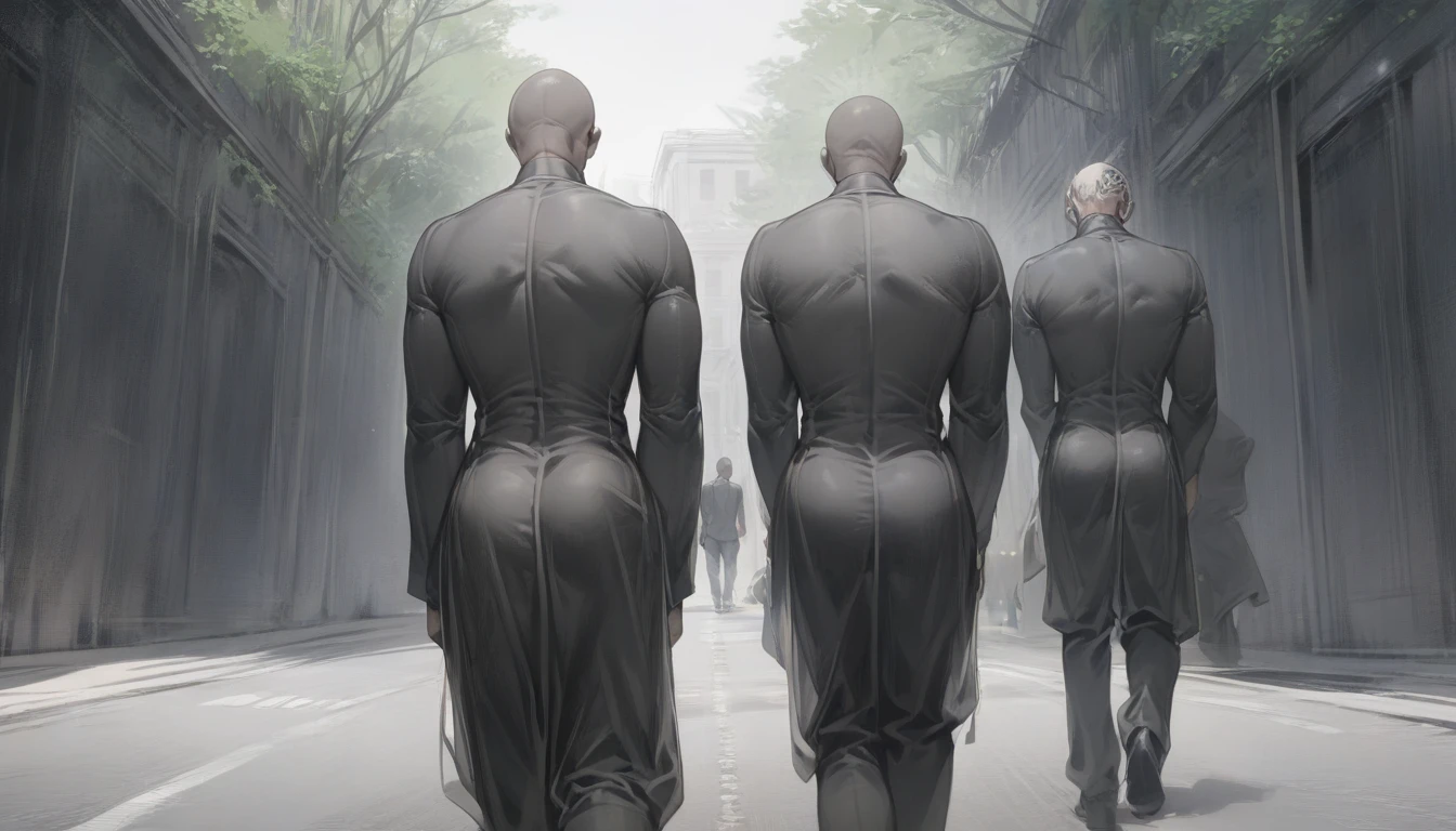 (masterpiece, best quality:1.2), 1panel 2 black males talking ready to take a walk together, now walking side by side down the street. 2 panel backs of both men facing camera walking down the street together 