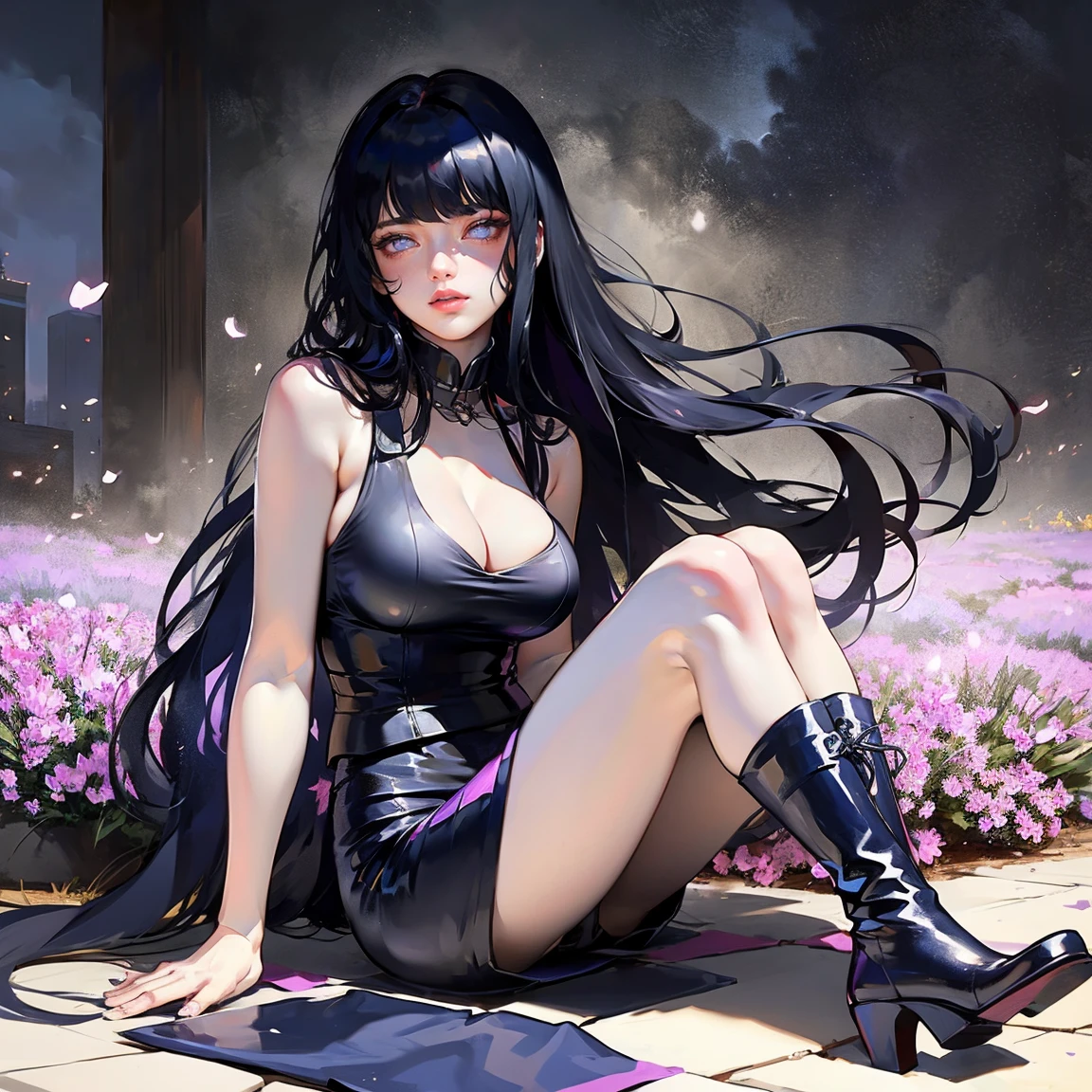 1 chica, primer plano de la cara, Adulto, Hinata Hyuga, El último, chica tímida, pelo largo y negro, flequillo contundente, pelo oscuro, cabello voluminoso, lavender eyes, sin alumnos, Blusa sin mangas lavanda, botas largas negras, pantalones cortos azul marino, Medias negras translucidas, funda, Vendaje en el muslo, sandalias abiertas, pechos grandes, Caderas anchas, Piernas torneadas, cintura delgada, obra maestra, mejor calidad, Profesional, Realista.