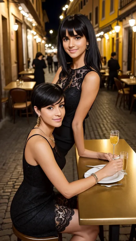 a tall woman, messy short medium black hair with bangs, is dining at a cozy, atmospheric restaurant in trastevere, rome. the sce...