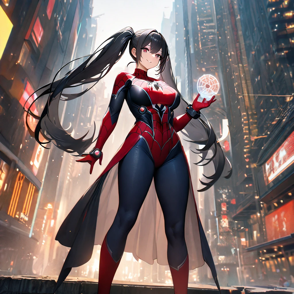 A woman wearing a traditional red spiderman costume with blue leg parts, black hair, no mask, long hair, pigtails, burgundy eyes, big breasts, spider web in her hands, on top of a building, in a big city, smiling, standing posture.,UHD , prime work , accurate , anatomically correct , textured skin , super details , high quality , best quality, 8k, high resolution, bokeh effect. (woman alone)
