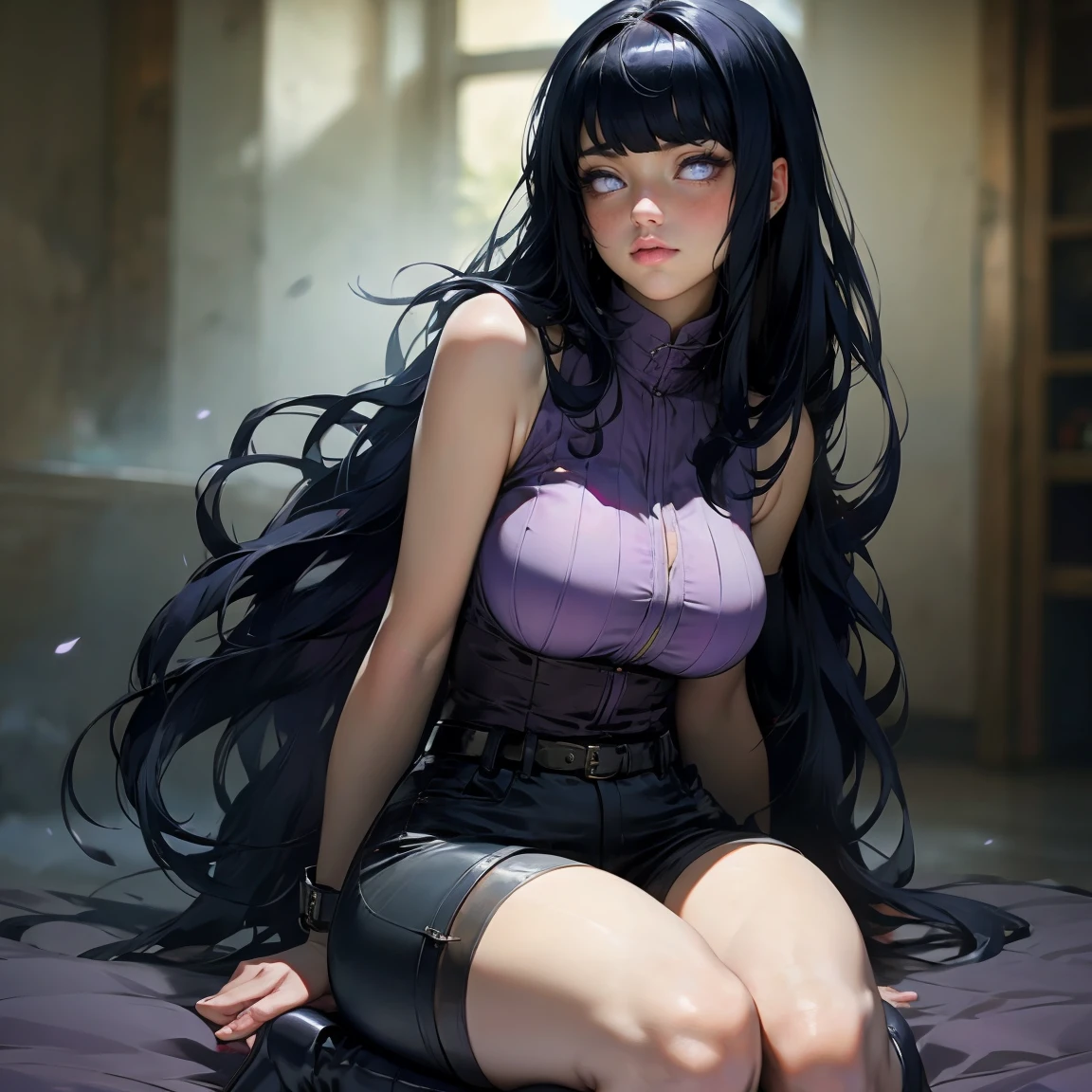 1 chica, primer plano de la cara, Adulto, Hinata Hyuga, El último, chica tímida, pelo largo y negro, flequillo contundente, pelo oscuro, cabello voluminoso, lavender eyes, sin alumnos, Blusa sin mangas lavanda, botas largas negras, pantalones cortos azul marino, Medias negras translucidas, funda, Vendaje en el muslo, sandalias abiertas, pechos grandes, Caderas anchas, Piernas torneadas, cintura delgada, obra maestra, mejor calidad, Profesional, Realista.