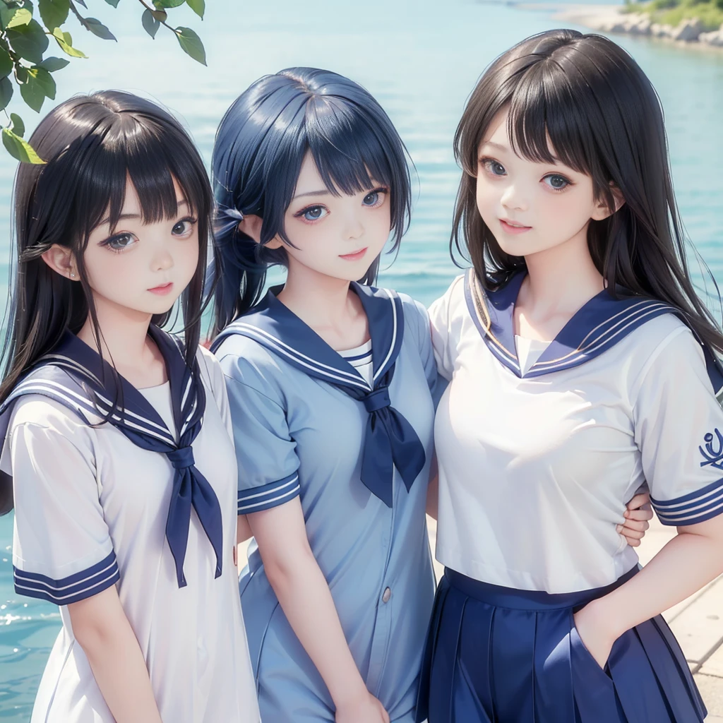 best quality, masterpiece, 

Three Japanese-high-school-girls, 

looking straight ahead and striking a gutsy pose are standing (separately:1.4), side by side, 

wearing  a short-sleeved Japanese-blue-high-school-sailor-suit,

(short-sleeved Japanese-blue-high-school-sailor-suit:1.7),

 Reddish bow tie, with a school bag, 

((too much smile)), very cute, face, 

(Gaze Burning with Fighting Spirit:1.3),(making a fist:1.3)

(Expression Believing in Victory:1.3)


head and waist fully visible, (soft eyes:1.2)

upper arms hidden by clothes and hair, (innocent and pure high-school-girls:1.7)

, (The image shows only the upper body:1.7)

 (only one well-shaped beautiful mount Fuji:1.2), (shrine:1.2), summer(season) ,(outdoors:1.5),