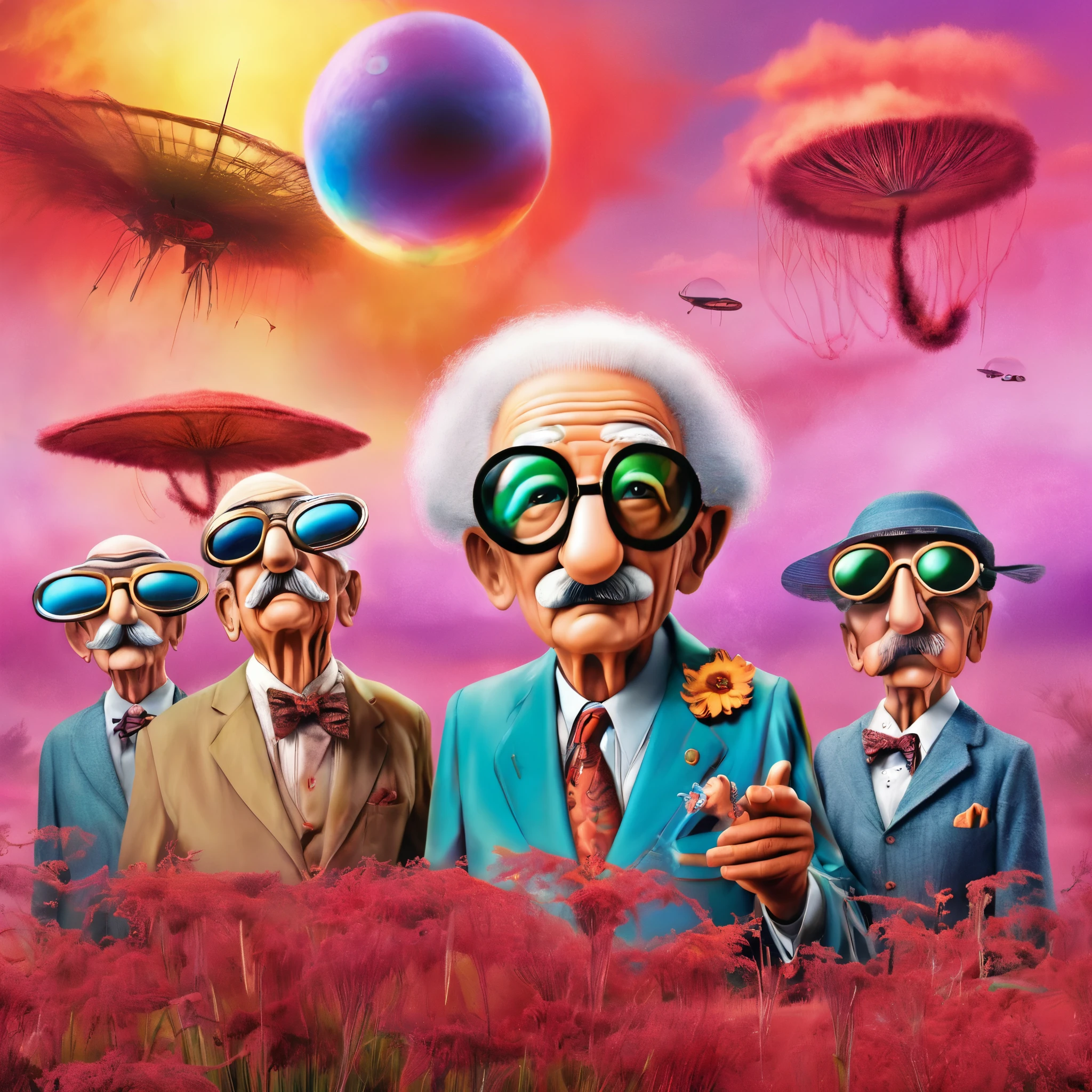 A group of elderly art teachers wearing Groucho glasses experiment the Mandela effect, they share the alien dream of flying machines with organic forms and iridescent colors and red grass growing all around the devastated land, like in the War of Worlds film, whimsical, gloomy, and eerie.
