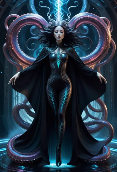 a beautiful void goddess, void elemental woman floating in the void dimension, dramatic poses, ghostly lovecraftian tentacles, i...