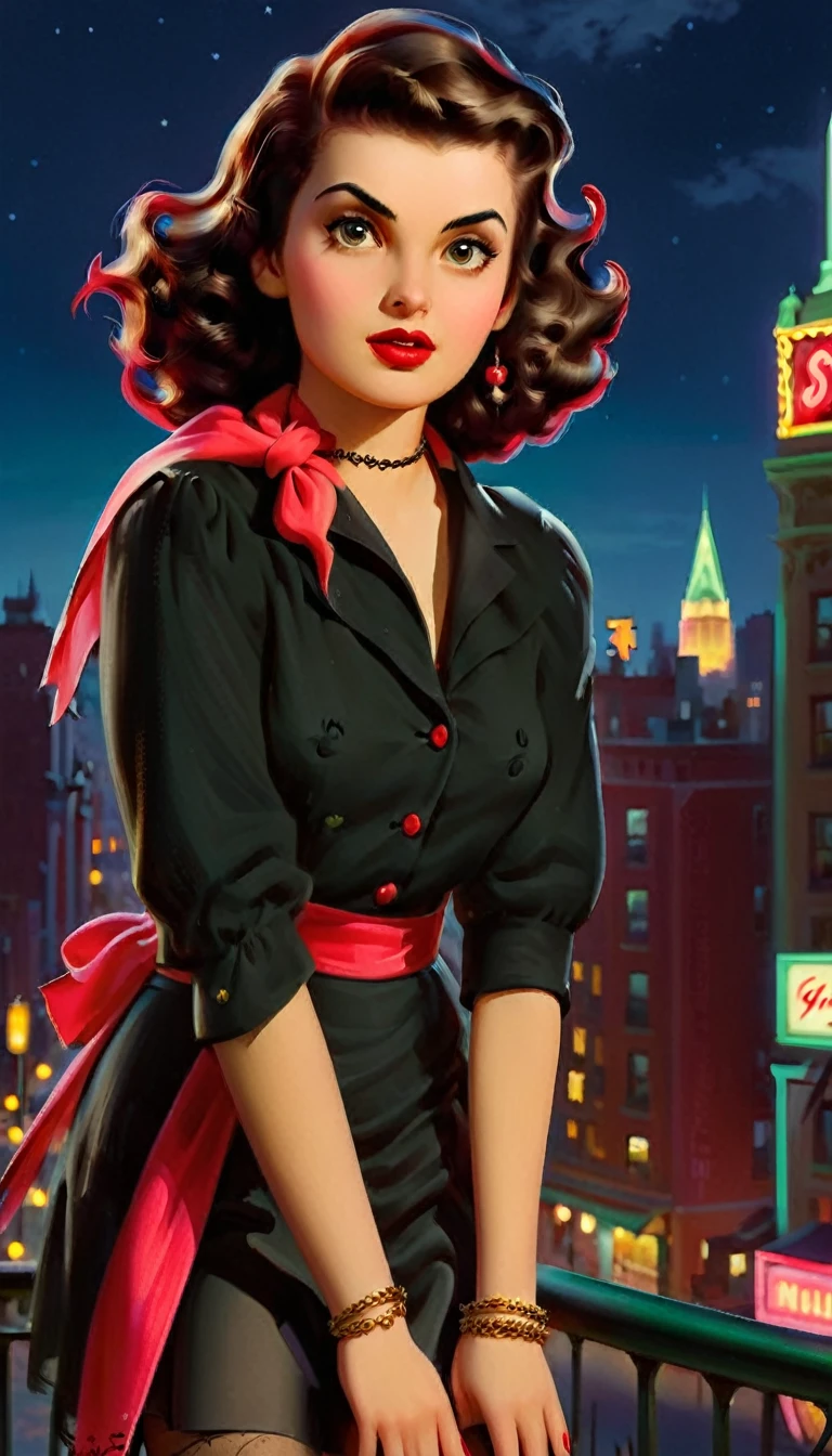 /imaginez une invite: une jeune femme, 1, incarnant un élégant chasseur de vampires dans le New York des années 1950, ses courts cheveux noirs ondulés encadrant son visage déterminé, le foulard rouge ajoute une touche de couleur à son ensemble de pin-up, sur fond de paysage urbain rétro avec des lumières et des ombres au néon, capturer l&#39;essence de sa quête nocturne, la photographie, utiliser un objectif portrait pour se concentrer sur son regard intense et sa mode d&#39;inspiration vintage, --avec 16:9h -- à 17h