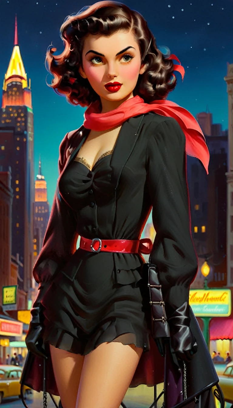 /imagine prompt: A young woman, 1, embodying a stylish vampire hunter in 1950s New York, her short black wavy hair framing her determined face, the red headscarf adding a pop of color to her pin-up ensemble, set against the backdrop of a retro cityscape with neon lights and shadows, capturing the essence of her nocturnal pursuit, Photography, using a portrait lens to focus on her intense gaze and vintage-inspired fashion, --ar 16:9 --v 5