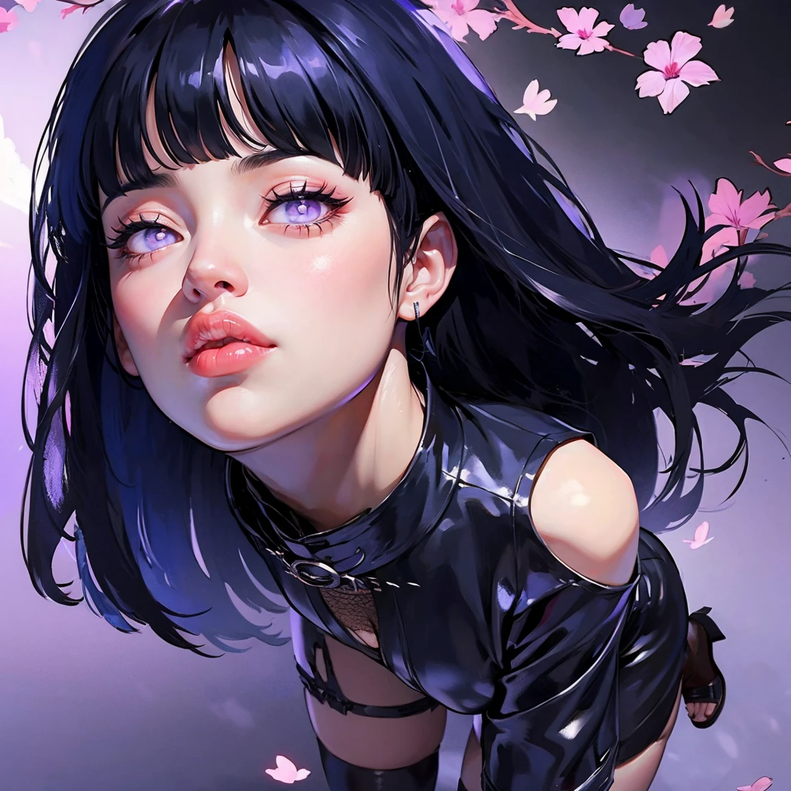 1girl, close up of face, adult, Hinata Hyuga, the last, shy girl, long black hair, blunt bangs, dark hair, Voluminous hair, lavender eyes, no pupils, Lavender Sleeveless Blouse, long black boots, navy blue shorts, Black translucent stockings, holster, bandage on thigh, open sandals, big breasts, wide hips, shapely legs, slim waist, masterpiece, best quality, Professional, realistic.