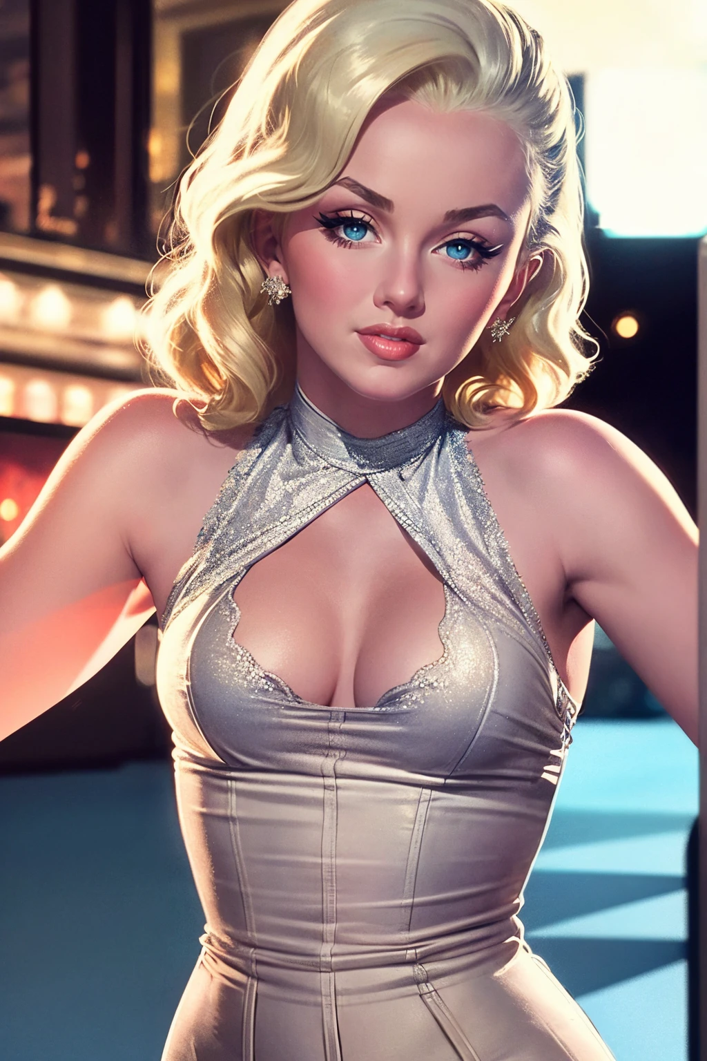 (vintage style), 1 Marilyn Monroe, extremely beautiful blonde. Extremely slender, big bright blue eyes, wearing a transparent shirt showing shoulders, medium serious, perky breasts, symmetrical body, sensualizing, pouting with orgasmic expression, highly exciting, vintage style, high quality 32k, UHD, hyper-realistic, cinematic, dynamic close-up.