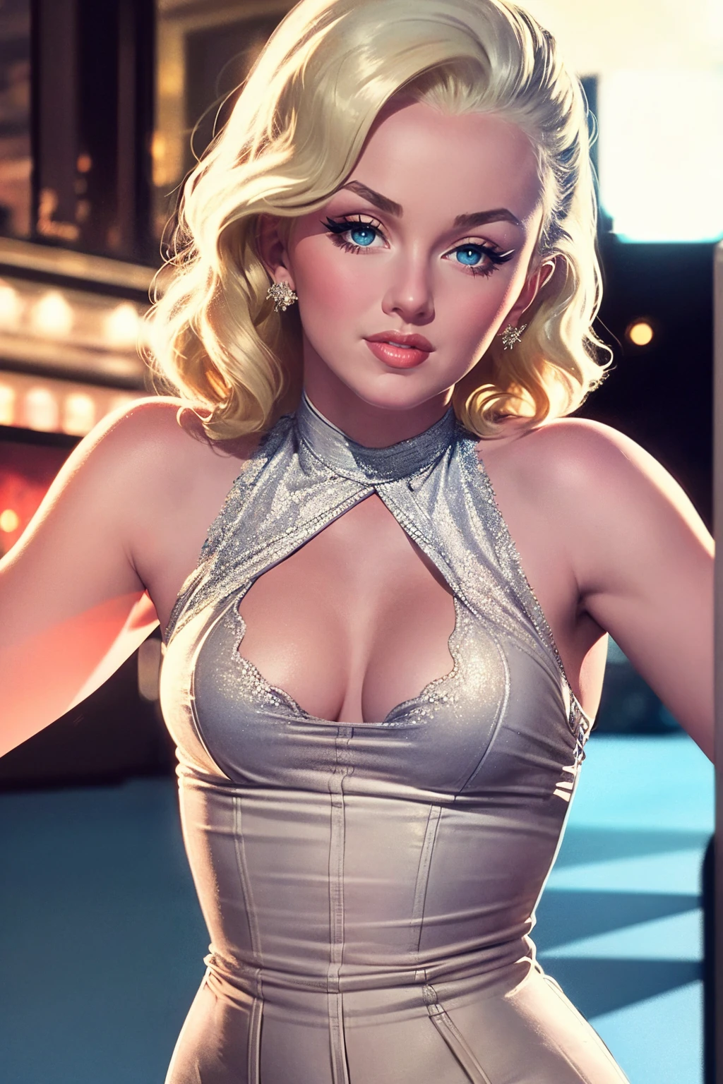 (style vintage), 1 Marilyn Monroe, Blonde extrêmement belle. extrêmement mince, De grands yeux bleu vif, porter une chemise transparente montrant les épaules, moyennement grave, seins gaies, corps symétrique, sensualisant, faire la moue avec une expression orgasmique, très excitant, style vintage, 32k de haute qualité, UHD, Hyper réaliste, cinématique, Gros plan dynamique.