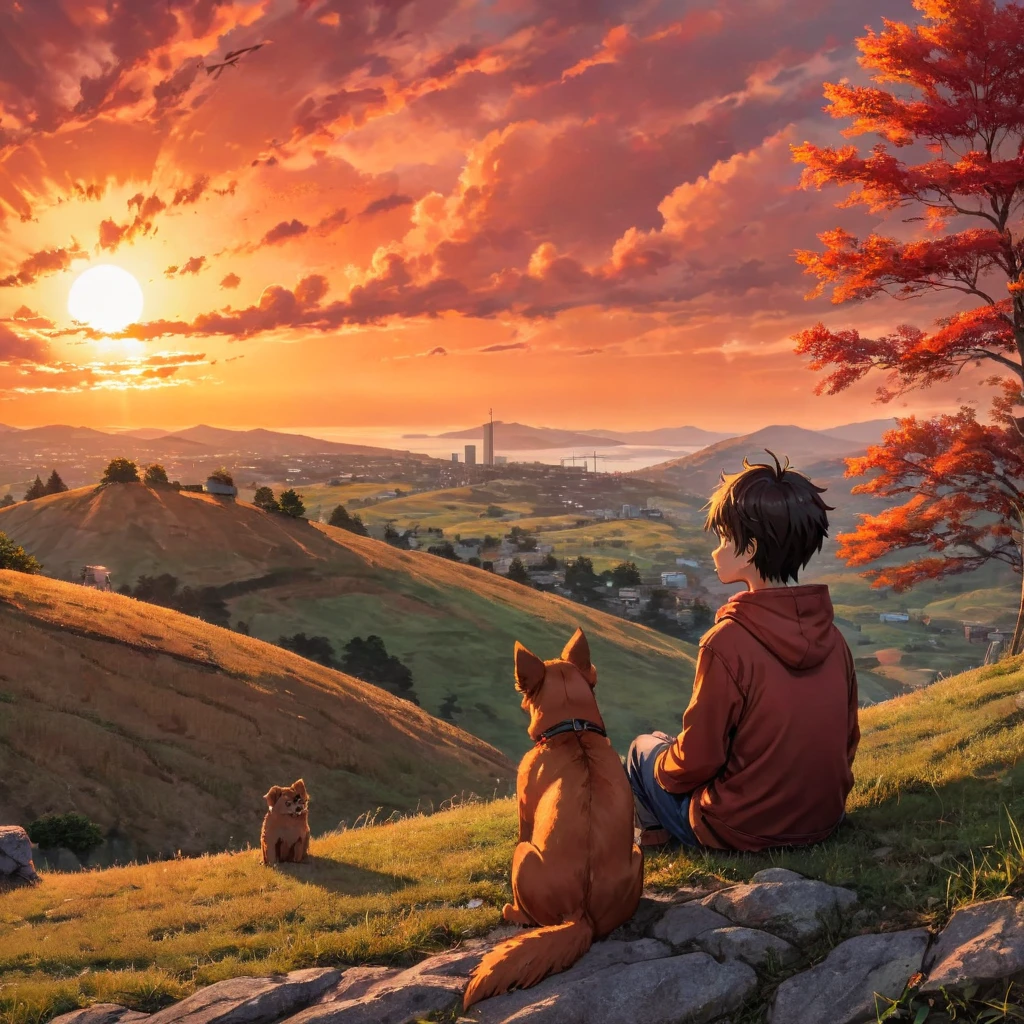 gute Qualität, 8K Ultra HD, großartiges Detail, Meisterwerk, eine digitale Illustration im Anime-Stil, Anime-Landschaft mit einem Jungen und seinem Hund, der auf einem Hügel sitzt, Blick auf einen höllisch orange-roten Sonnenuntergang, Anime-Natur-Wallpaper mit einem ruhigen Himmel, Anime schöne Szene, Schöne Anime-Friedensszene, Makoto Shinkai Cyril Rolando, schöne Anime-Szene, tolle Tapete, Anime-Kunst-Hintergrundbild 8k, Anime-Hintergrund, art Anime-Hintergrund, Tapete 4k Anime-Bildschirm, 4K Anime-Kunst-Hintergrundbild, 4K Anime-Kunst-Hintergrundbild,