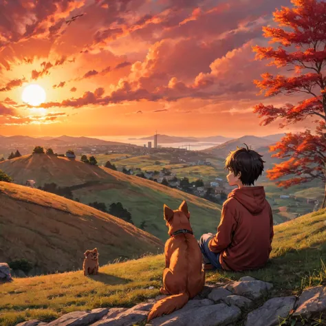 high quality, 8k ultra hd, great detail, masterpiece, an anime style digital illustration, anime landscape of a boy with his dog...