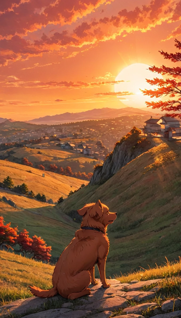 high quality, 8K Ultra HD, great detail, masterpiece, an anime style digital illustration, anime landscape of a boy with his dog sitting on a hill, looking at a hellish orange and red sunset, anime nature wallpapers with a serene sky, anime beautiful scene, beautiful anime peace scene, Makoto Shinkai Cyril Rolando, beautiful anime scene, amazing wallpaper, anime art wallpaper 8k, anime background, art anime background, wallpaper 4k anime screen, 4k anime art wallpaper, 4k anime art wallpaper,