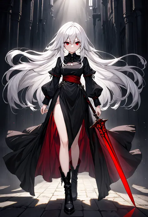 Girl, 20 years old, with long white hair down to below her waist, a serious yet tender expression, and red eyes. Her hair featur...