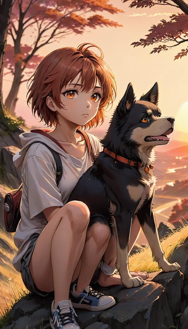 gute Qualität, 8K Ultra HD, großartiges Detail, Meisterwerk, eine digitale Illustration im Anime-Stil, Anime-Landschaft mit einem Jungen und seinem Hund, der auf einem Hügel sitzt, Blick auf einen höllisch orange-roten Sonnenuntergang, Anime-Natur-Wallpaper mit einem ruhigen Himmel, Anime schöne Szene, Schöne Anime-Friedensszene, Makoto Shinkai Cyril Rolando, schöne Anime-Szene, tolle Tapete, Anime-Kunst-Hintergrundbild 8k, Anime-Hintergrund, art Anime-Hintergrund, Tapete 4k Anime-Bildschirm, 4K Anime-Kunst-Hintergrundbild, 4K Anime-Kunst-Hintergrundbild,