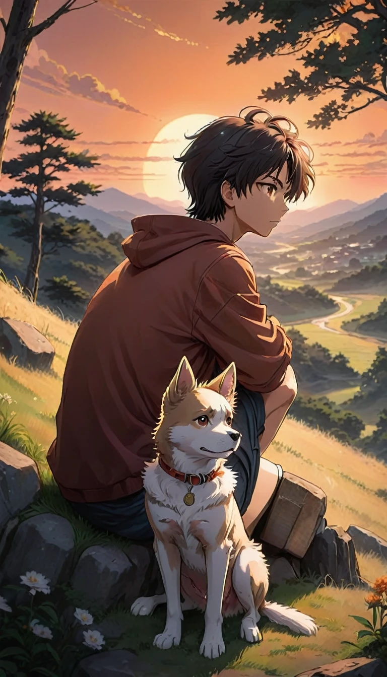 high quality, 8K Ultra HD, great detail, masterpiece, an anime style digital illustration, anime landscape of a boy with his dog sitting on a hill, looking at a hellish orange and red sunset, anime nature wallpapers with a serene sky, anime beautiful scene, beautiful anime peace scene, Makoto Shinkai Cyril Rolando, beautiful anime scene, amazing wallpaper, anime art wallpaper 8k, anime background, art anime background, wallpaper 4k anime screen, 4k anime art wallpaper, 4k anime art wallpaper,