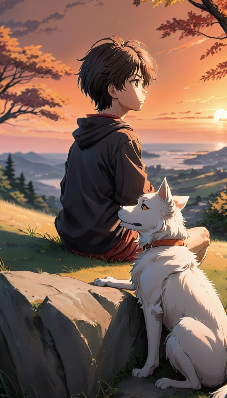 high quality, 8K Ultra HD, great detail, masterpiece, an anime style digital illustration, anime landscape of a boy with his dog sitting on a hill, looking at a hellish orange and red sunset, anime nature wallpapers with a serene sky, anime beautiful scene, beautiful anime peace scene, Makoto Shinkai Cyril Rolando, beautiful anime scene, amazing wallpaper, anime art wallpaper 8k, anime background, art anime background, wallpaper 4k anime screen, 4k anime art wallpaper, 4k anime art wallpaper,