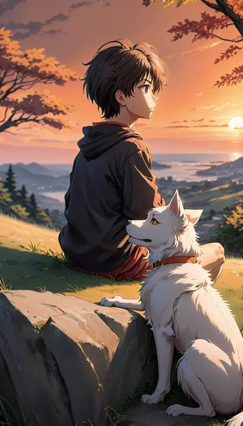 high quality, 8k ultra hd, great detail, masterpiece, an anime style digital illustration, anime landscape of a boy with his dog...