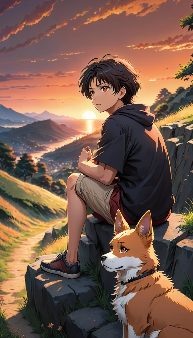 alta qualidade, 8K ultra-HD, grande detalhe, obra de arte, uma ilustração digital estilo anime, paisagem de anime de um menino com seu cachorro sentado em uma colina, olhando para um pôr do sol infernal laranja e vermelho, papéis de parede de natureza de anime com um céu sereno, linda cena de anime, linda cena de paz de anime, Makoto Shinkai Cyril Rolando, Linda cena de anime, papel de parede incrível, Papel de parede de arte anime 8K, Fundo de anime, art Fundo de anime, papel de parede tela anime 4k, Papel de parede de arte de anime 4k, Papel de parede de arte de anime 4k,