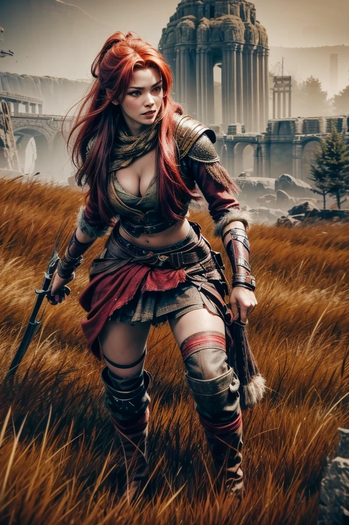 woman with a bow in her hand, red hair, sexy hunter girl, Artemis greek godness, a very beautiful godness, a very beautiful woman, wearing hunter clothes, bare midriff, torn skirt, scars, round butt, medium breast, detailed background