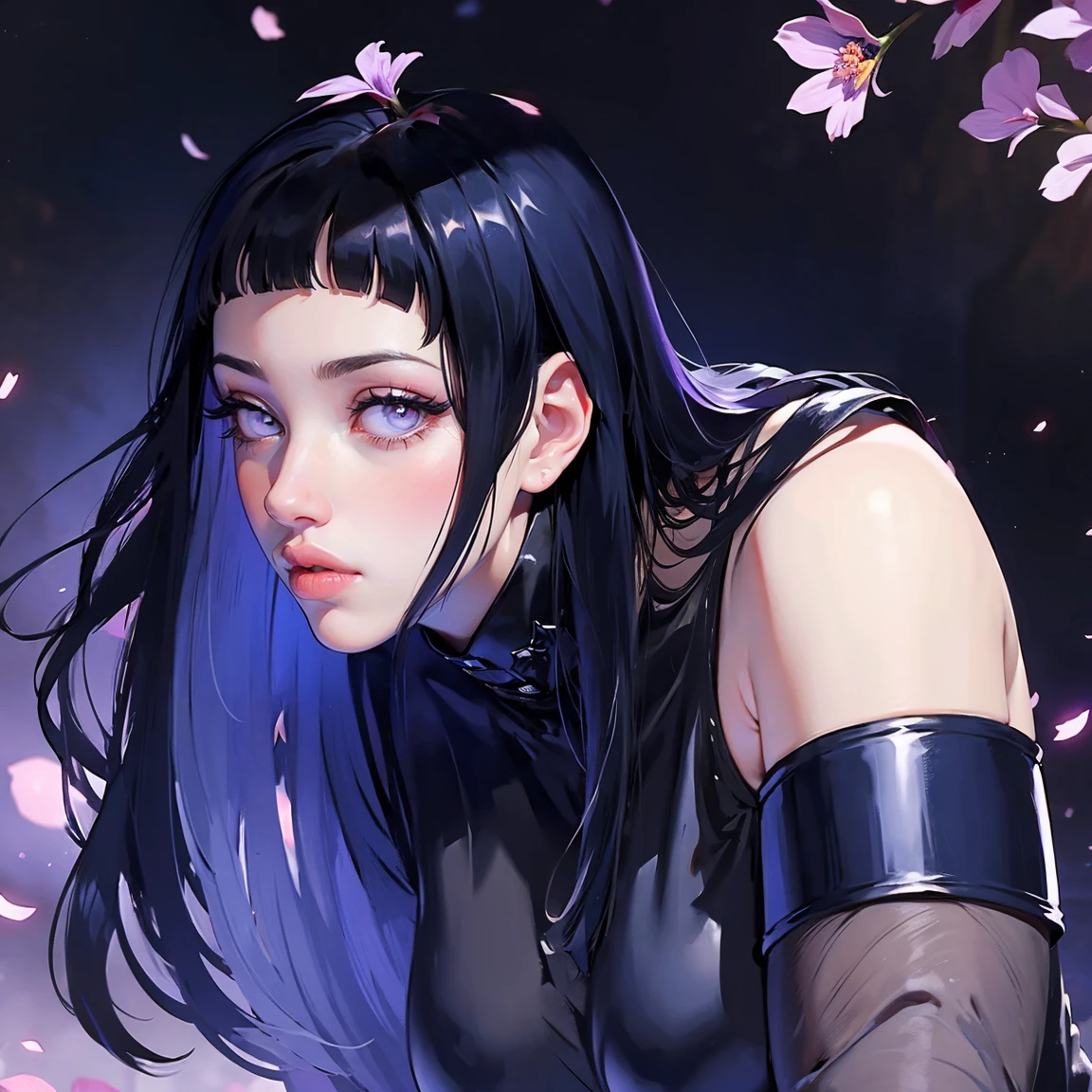 1 Mädchen, Nahaufnahme des Gesichts, Erwachsene, Hinata Hyuga, das Letzte, schüchternes Mädchen, langes schwarzes Haar, Stumpfer Pony, dunkles Haar, voluminöses Haar, Lavendelfarbene Augen, keine Schüler, Lavendelfarbene ärmellose Bluse, lange schwarze Stiefel, Marineblaue Shorts, Schwarze, durchscheinende Strümpfe, holster, Verband am Oberschenkel, offene Sandalen, große Brüste, Breite Hüften, wohlgeformte Beine, schlanke Taille, Meisterwerk, beste Qualität, Fachmann, realistisch.