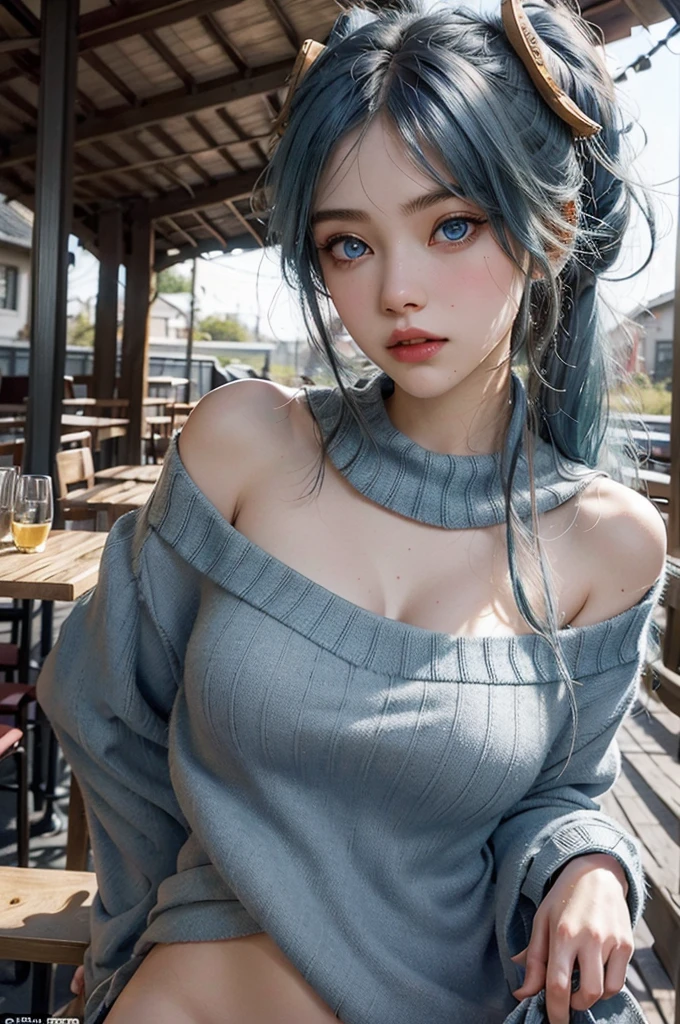 (1 girl), 1sona , sona does, blue fur, Blue eyes, sharp eyes, straight eyes, faded hair, two tails, hair ornament, Brittbeck cute 20 years old very happy, wear a shoulderless sweater, sexy body, big shakes, Close-up portrait, 2015 in an outdoor cafe, evening light, add_detailed:1 huge tit, old, With what, Moisturizes the skin, sweaty skin, punk t-shirt, punk girl，old grandes escote expuesto