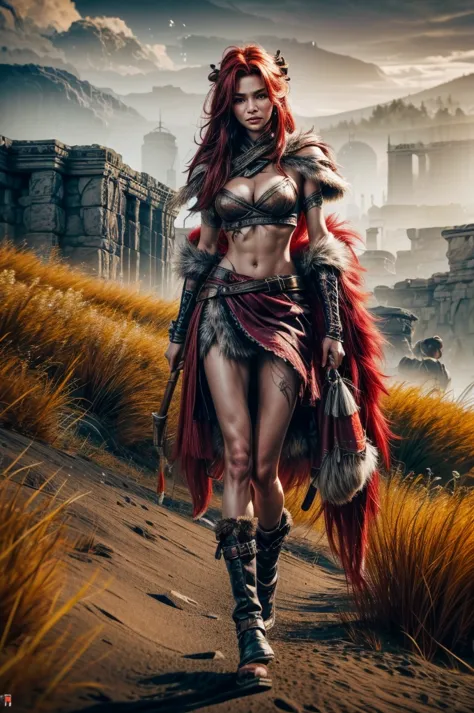 woman with a large bow in her hand, red hair, sexy hunter girl, Artemis greek godness, a very beautiful godness, a very beautifu...
