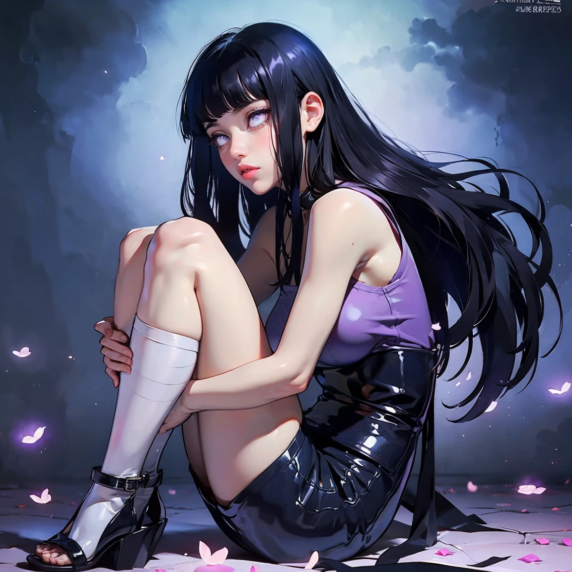 1 chica, primer plano de la cara, Adulto, Hinata Hyuga, El último, chica tímida, pelo largo y negro, flequillo contundente, pelo oscuro, cabello voluminoso, lavender eyes, sin alumnos, Blusa sin mangas lavanda, botas largas negras, pantalones cortos azul marino, Medias negras translucidas, funda, Vendaje en el muslo, sandalias abiertas, pechos grandes, Caderas anchas, Piernas torneadas, cintura delgada, obra maestra, mejor calidad, Profesional, Realista.