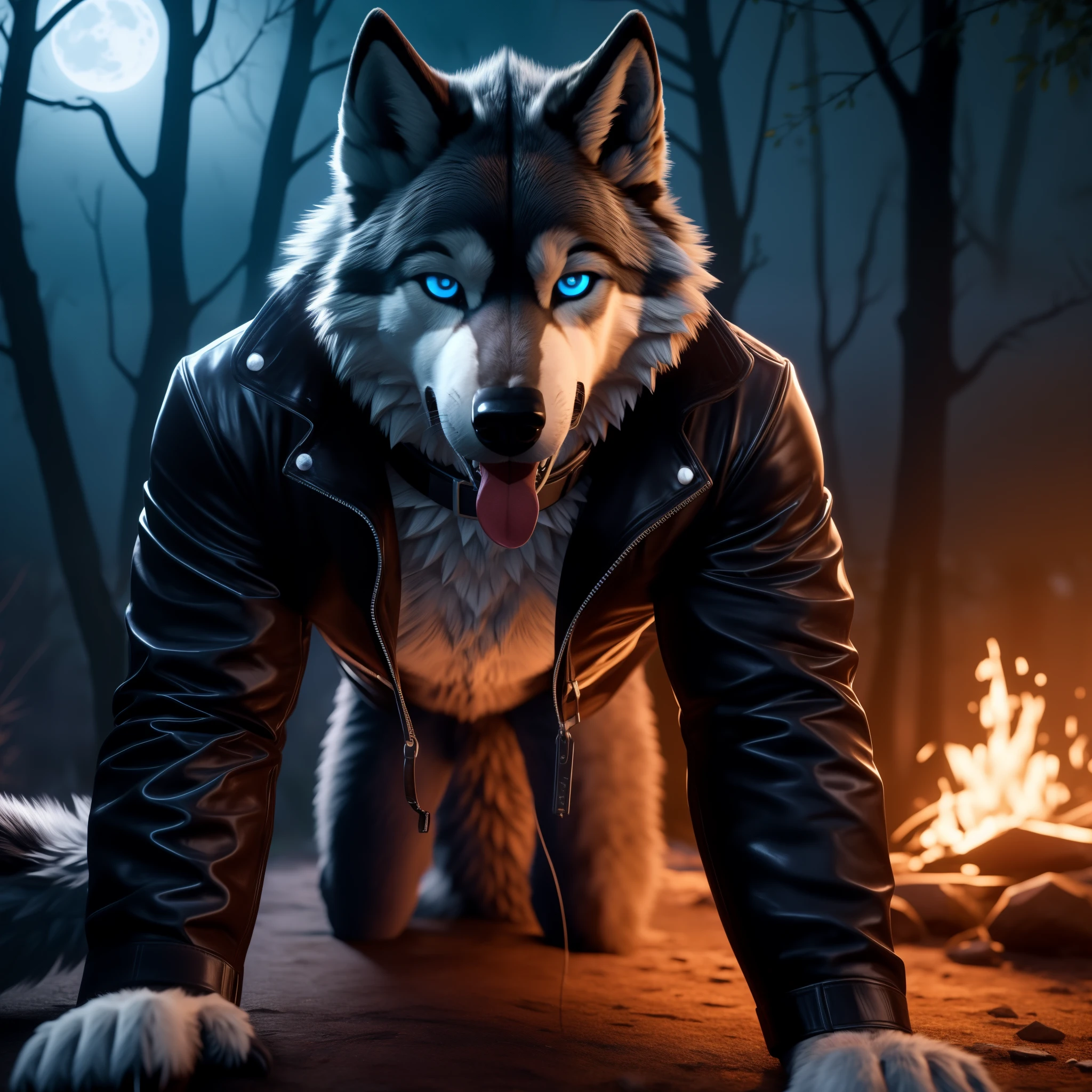 On all fours, Male, 30 years old, cute, eyeliner, mouth open with tongue hanging out, black leather jacket, anthro, wolf ears, (black fur:1.5), wolf, forest background, 8k, hi res, (best quality, masterpiece), (wolf tail:1.5), detailed fur, solo, night, leashing and collar, blue jeans, blue eyes,