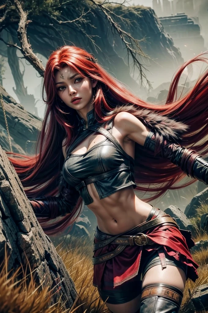 red hair, sexy hunter girl, Artemis greek godness, a very beautiful godness, a very beautiful woman, wearing hunter clothes, bare midriff, torn skirt, scars, bow on his back, round butt, medium breast, detailed background