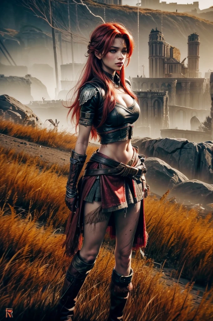 red hair, sexy hunter girl, Artemis greek godness, a very beautiful godness, a very beautiful woman, wearing hunter clothes, bow in her hand, bare midriff, torn skirt, scars on face, round butt, medium breast, detailed background