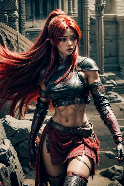 red hair, sexy hunter girl, Artemis greek godness, a very beautiful godness, a very beautiful woman, wearing hunter clothes, tak...