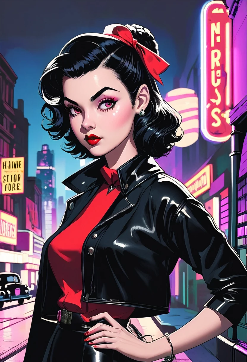 /imagine prompt: A young woman, 19 years old, embodying a stylish vampire hunter in 1950s New York, her short black wavy hair framing her determined face, the red headscarf adding a pop of color to her pin-up ensemble, set against the backdrop of a retro cityscape with neon lights and shadows, capturing the essence of her nocturnal pursuit, Photography, using a portrait lens to focus on her intense gaze and vintage-inspired fashion, --ar 16:9 --v 5