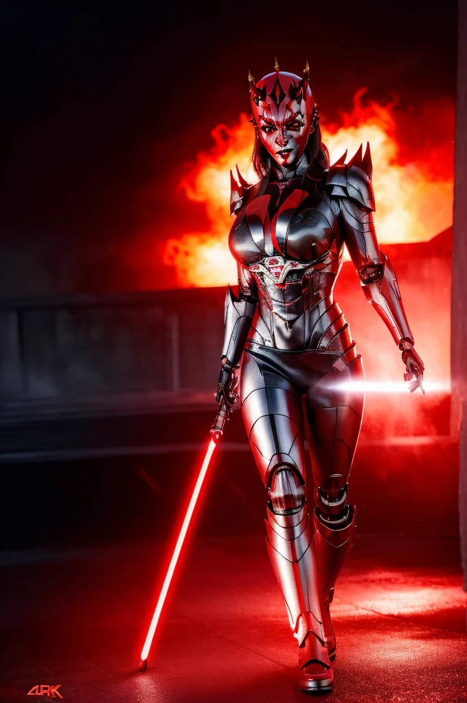 Alone, mecha Jessica Nigri AS darthmaul, ((flawless RED skin)),(Red:1.1),(best quality,4k,8k,highres,masterpiece:1.2),ultra-detailed,(realistic,photorealistic,photo-realistic:1.37),concept art,digital painting,chiaroscuro lighting,cinematic composition,dramatic lighting,volumetric fog,glowing red energy,complex futuristic machinery,intricate mechanical details,advanced cybernetic implants,detailed facial features,piercing red eyes,full body power pose,advanced robotics,dramatic shadows,vivid colors