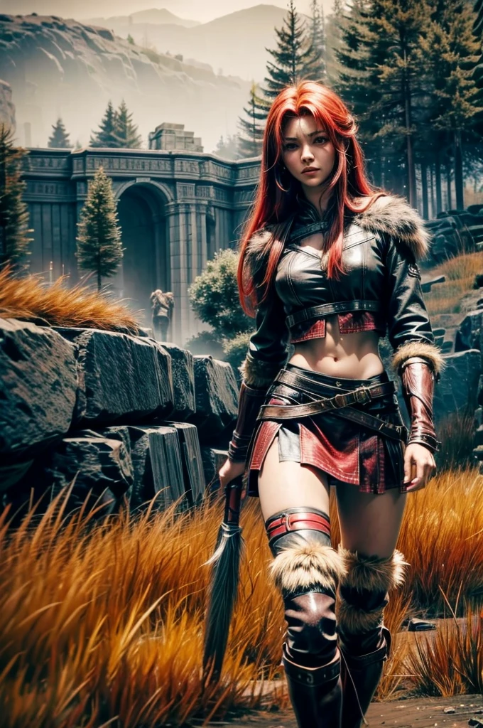 red hair, sexy hunter girl, Artemis greek godness, a very beautiful godness, a very beautiful woman, wearing hunter clothes, bow in her hand, bare midriff, torn skirt, scars on face, round butt, medium breast, detailed background