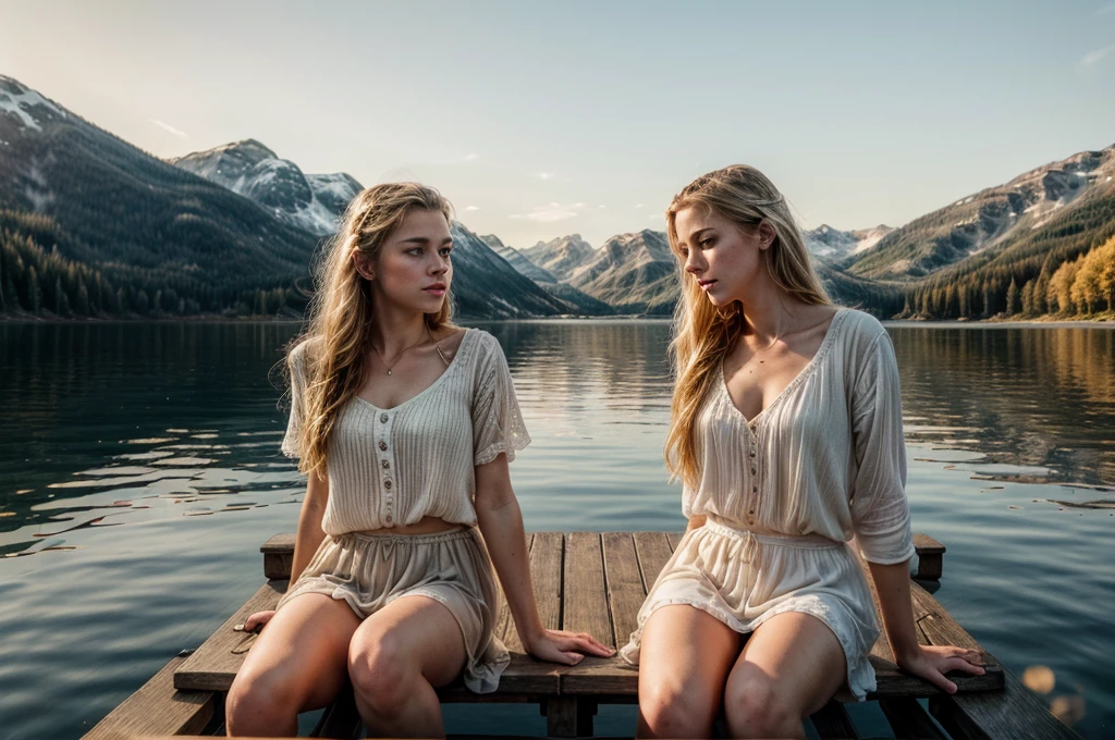 a young white male and young white female sitting on the edge of a lake dock during golden hour, romantic mood, detailed faces, beautiful eyes and lips, elegant clothing, serene lake and nature background, dramatic lighting, cinematic composition, highly detailed, photorealistic, 8K, masterpiece, nordic faces