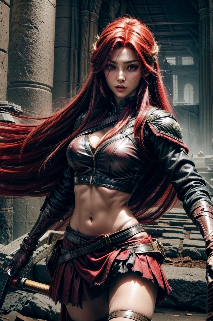 red hair, sexy hunter girl, Artemis greek godness, a very beautiful godness, a very beautiful woman, wearing hunter clothes, bow in her hand, bare midriff, torn skirt, scars on face, round butt, medium breast, detailed background