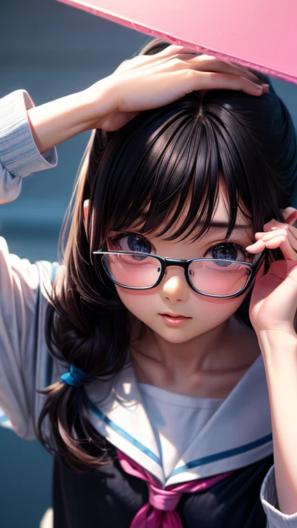 View your audience,high school girl,Leaning forward,(Random cute clothes),(Random Animation Pose),(Thin type),(Random hairstyle),(Best image quality, (8K), Ultra-realistic, 最high quality, high quality, High resolution, high qualityの質感, Attention to detail, Beautiful details, Fine details, Extremely detailed CG, Detailed Texture, Realistic facial expressions, masterpiece, in front),(Wearing glasses:1.1), （8K、Hyper HD）On pink sheets、transparent bottom、Spread your legs、Black Hair,