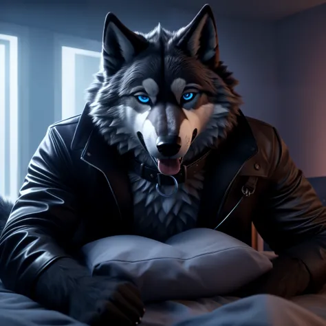 lying on a bed, male, 30 years old, cute, eyeliner, mouth open with tongue hanging out, black leather jacket, anthro, wolf ears,...