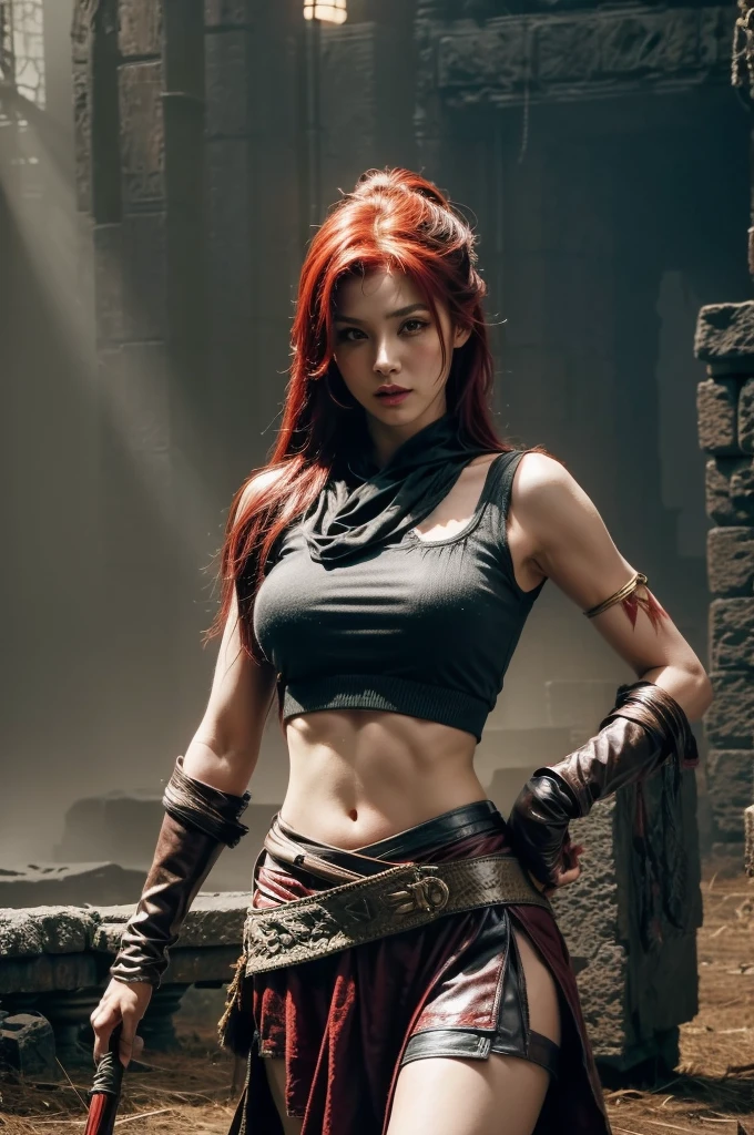 red hair, sexy hunter girl, Artemis greek godness, a very beautiful godness, a very beautiful woman, wearing hunter clothes, bow in her hand, bare midriff, torn skirt, scars on face, round butt, medium breast, detailed background