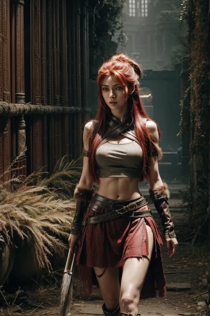 red hair, sexy hunter girl, Artemis greek godness, a very beautiful godness, a very beautiful woman, wearing hunter clothes, bow in her hand, bare midriff, torn skirt, scars on face, round butt, medium breast, detailed background