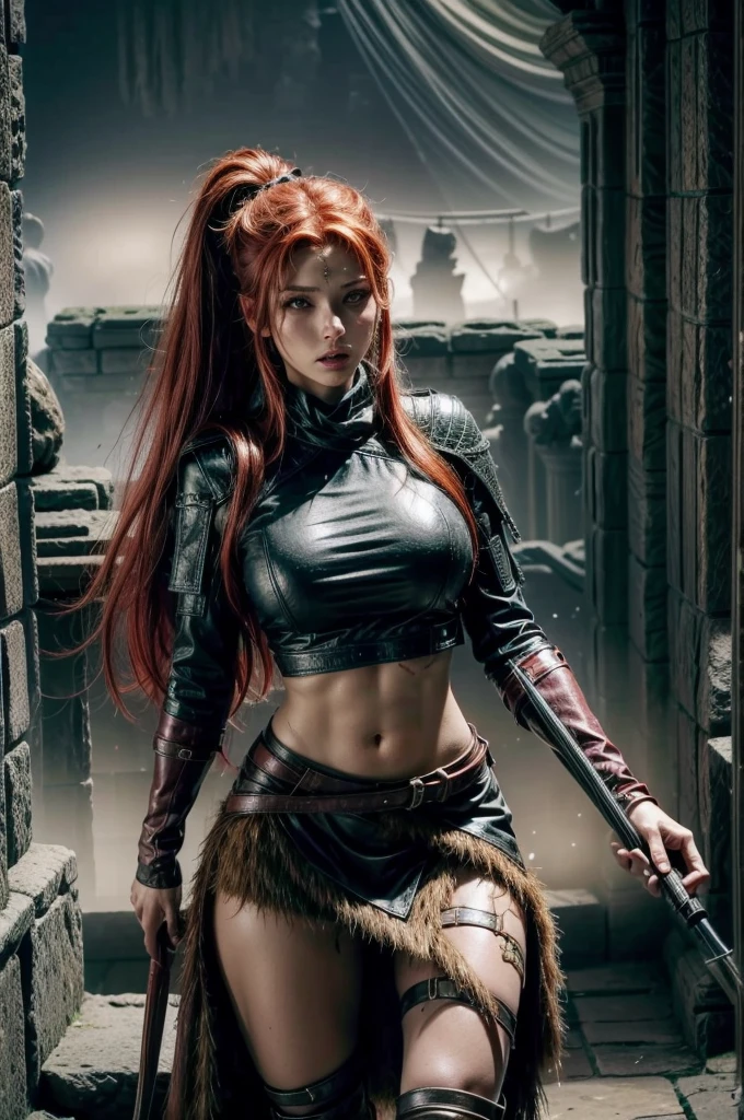 red hair, sexy hunter girl, Artemis greek godness, a very beautiful godness, a very beautiful woman, wearing hunter clothes, a bow in her hand, bare midriff, torn skirt, scars on face, round butt, medium breast, detailed background