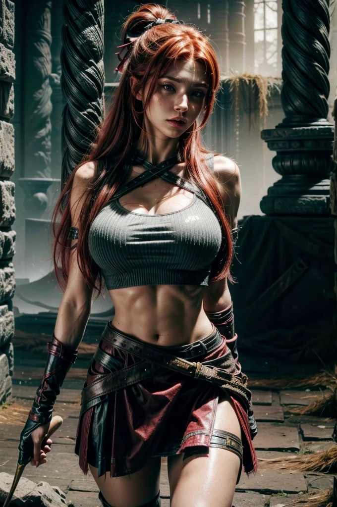 red hair, sexy hunter girl, Artemis greek godness, a very beautiful godness, a very beautiful woman, wearing hunter clothes, a bow in her hand, bare midriff, torn skirt, scars on face, round butt, medium breast, detailed background