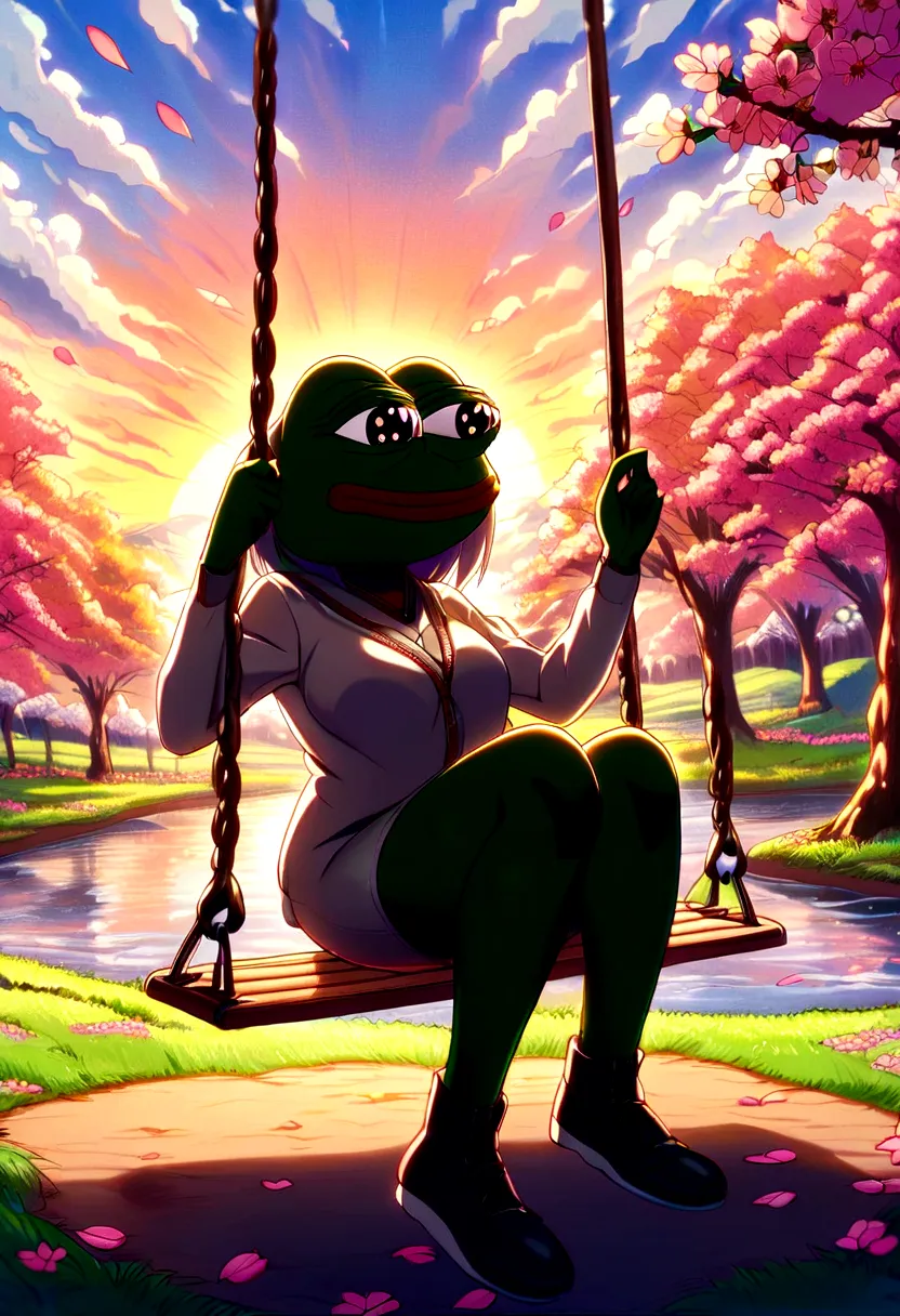 girl pepe on a swing, cherry blossom trees, sunset, anime