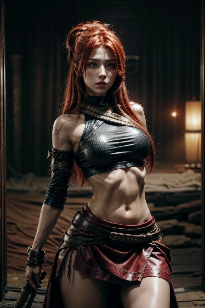 red hair, sexy hunter girl, Artemis greek godness, a very beautiful godness, a very beautiful woman, wearing hunter clothes, a bow in her hand, bare midriff, torn skirt, scars on face, round butt, medium breast, detailed background