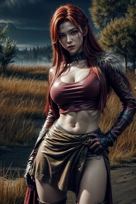 red hair, sexy hunter girl, Artemis greek godness, a very beautiful godness, a very beautiful woman, wearing hunter clothes, a b...