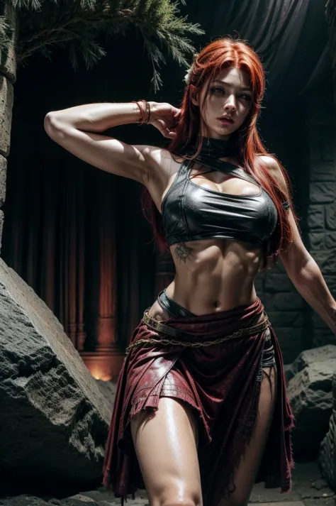red hair, sexy hunter girl, Artemis greek godness, a very beautiful godness, a very beautiful woman, wearing hunter clothes, tak...